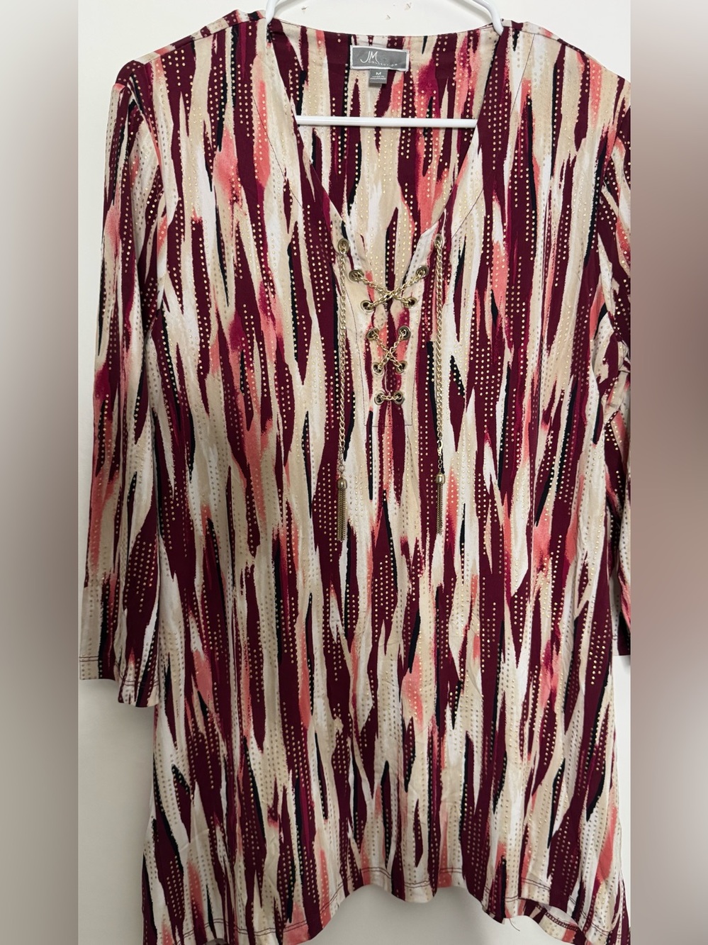 JM Collection Burgundy, Cream & Pink Lace-Up V-Neck Blouse stretch MD gold accen
